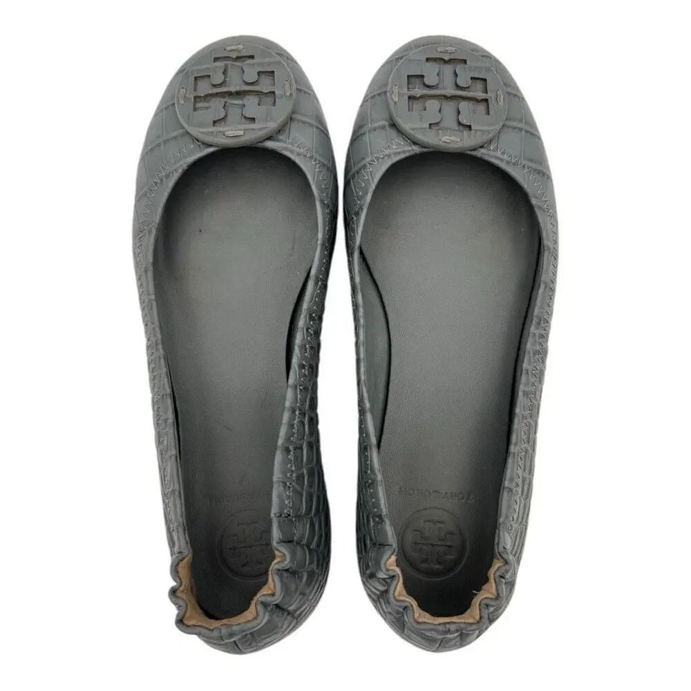 Tory Burch Women's Leather Croc Embossed Minnie Travel Ballet Flats Gray Sz 5.5